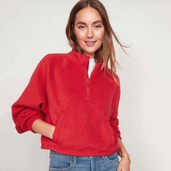 NWT Old Navy Oversized Sherpa Half Zip Sweatshirt in Red - Picture 3 of 9